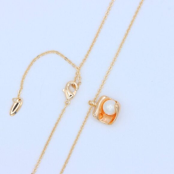 "Rose Gold Necklace with Modern Square Pendant and Pearl Accent, XPNL1885 - Picture 8 of 13